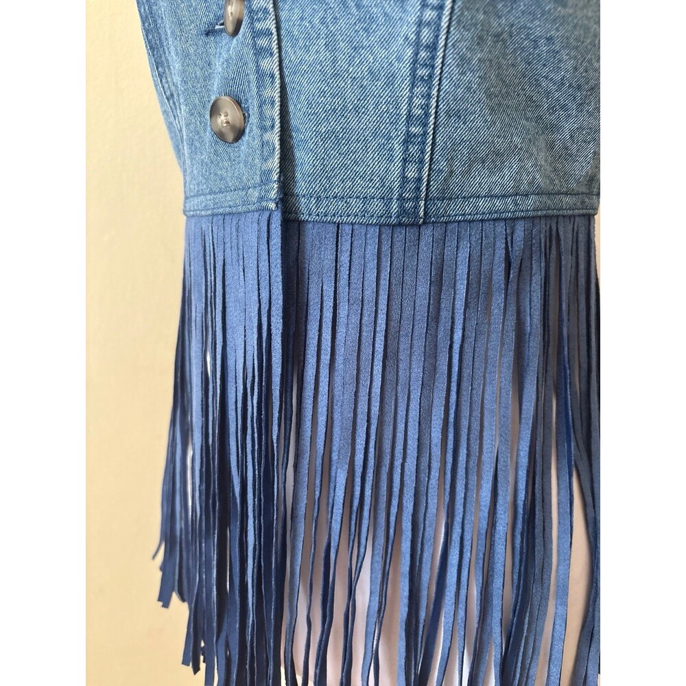 Denim fringe tank top vneck cowboy western Coachella festival hippie Boho blue - Picture 3 of 6